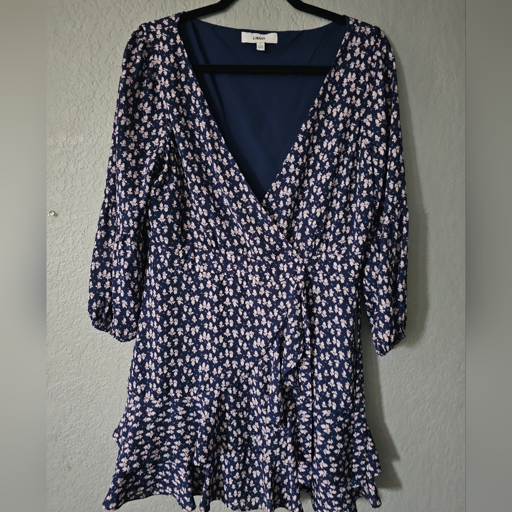 Likely Faux Wrap Dress, Blue & White Pattern, 3/4 Sleeve, Ruffle Size Twelve(12)